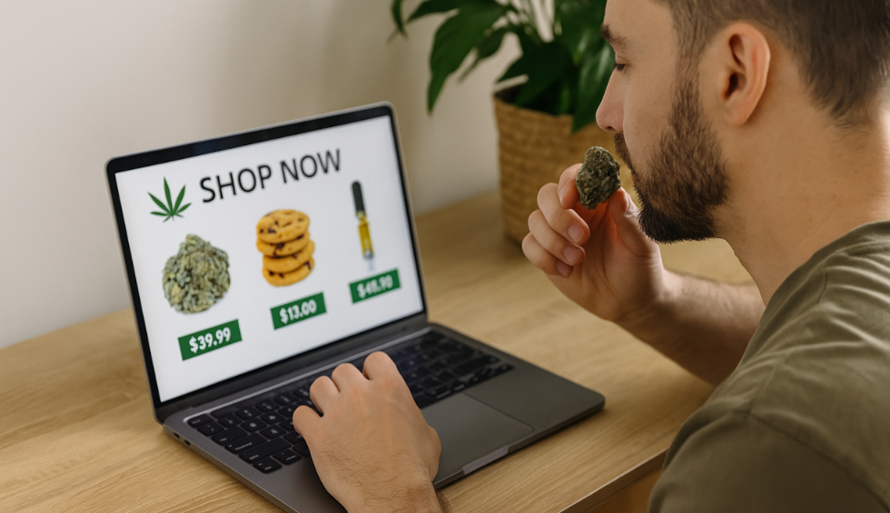 Man browsing online dispensary to buy GMO Cookies strain, vape, and edibles in Canada