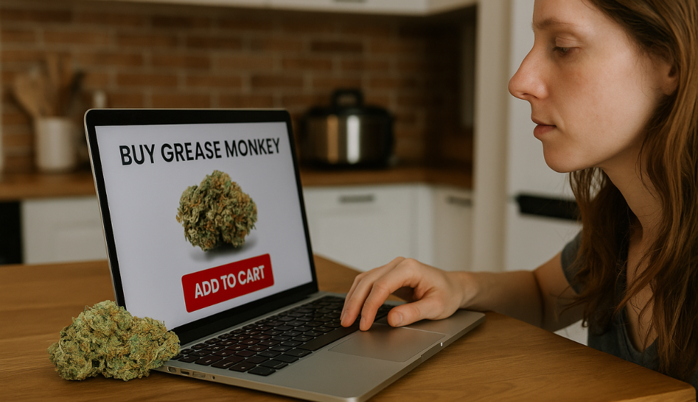Woman shopping online for Grease Monkey weed strain in Canada with “Add to Cart” on laptop screen