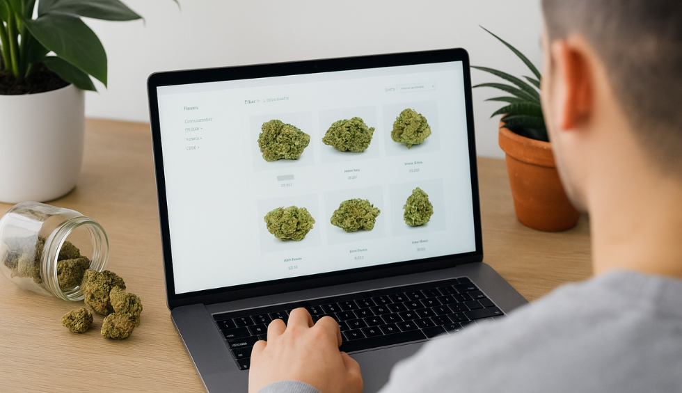 Person browsing online cannabis store on laptop to buy White Rhino and other premium products in Canada