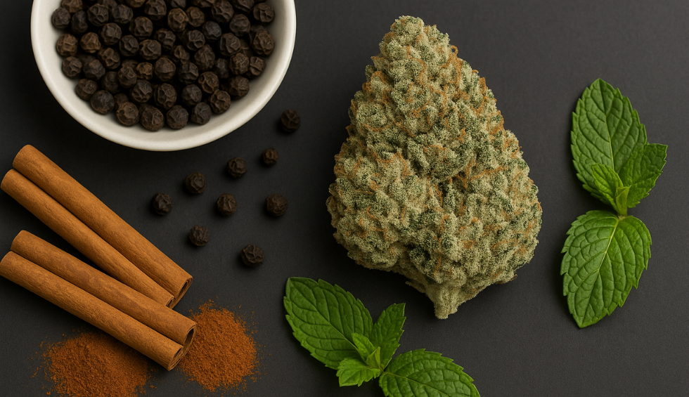 White Rhino cannabis bud with cinnamon sticks, mint leaves, and black pepper representing aroma and flavor