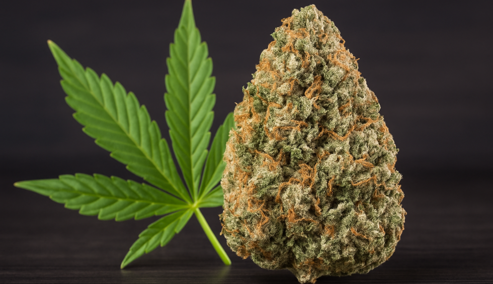 White Rhino strain cannabis bud with leaf background—reliable choice for consistent effects