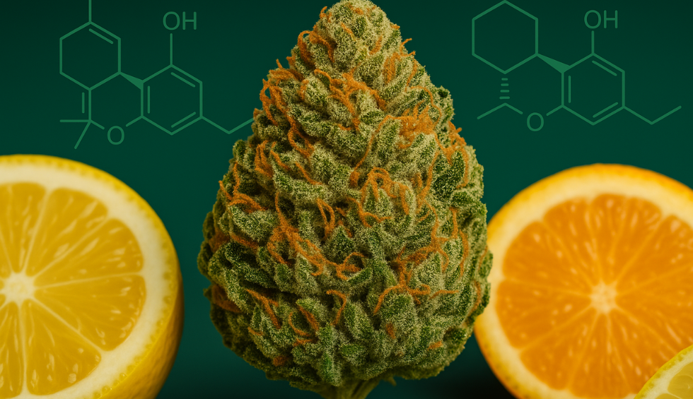 White Rhino cannabis bud with citrus slices and terpene chemical structures highlighting its aroma