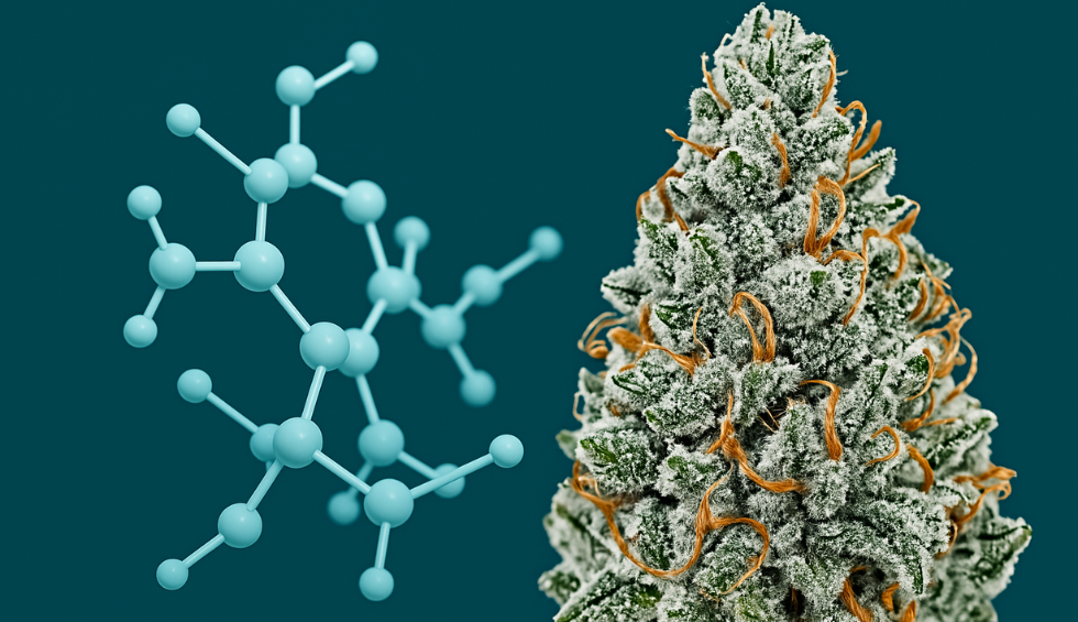 White Rhino cannabis bud with frosty trichomes next to a molecular structure symbolizing its genetics