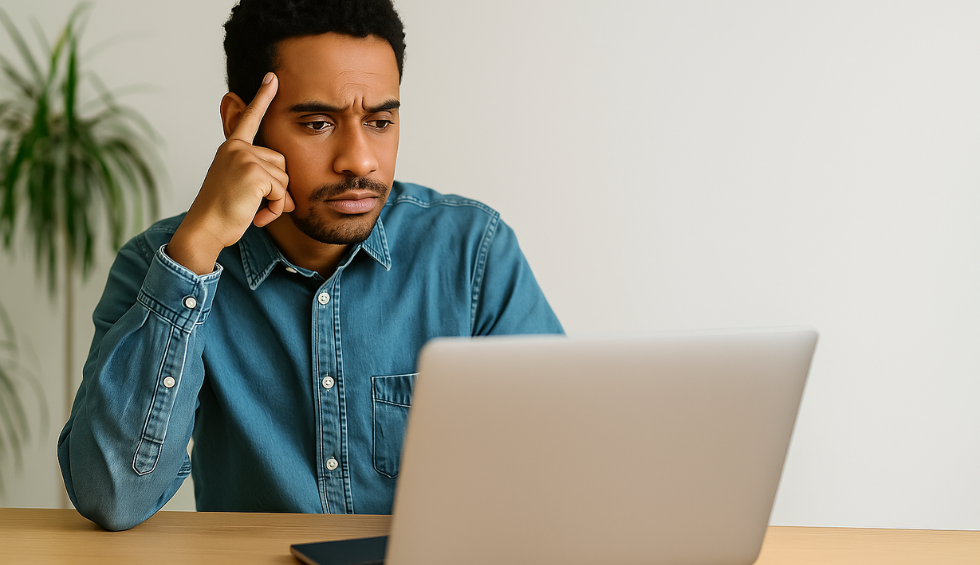 A man in a denim shirt sitting at a desk, looking thoughtfully at a laptop screen