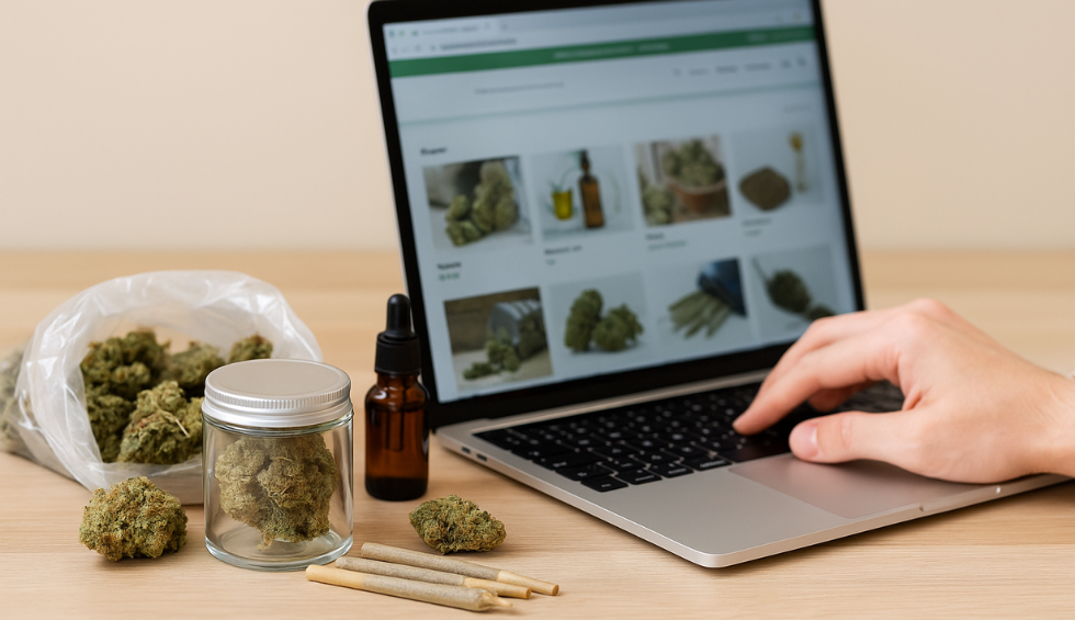 Person browsing a cannabis website on a laptop, surrounded by jars, joints, and buds, illustrating buying wholesale cannabis online in Canada