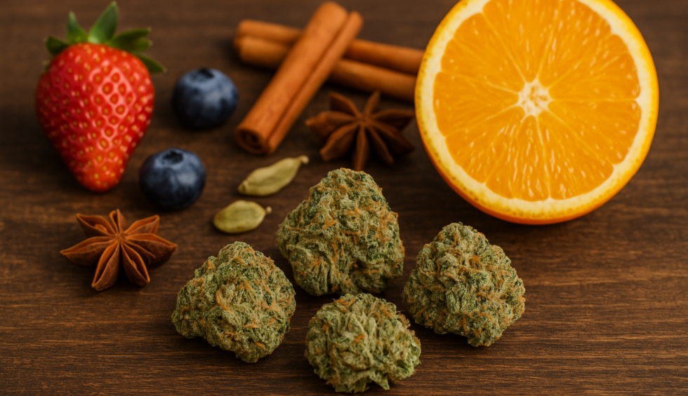 Cannabis buds with fruits and spices, showcasing top cannabis flavours and aromas like berry, citrus, and spice
