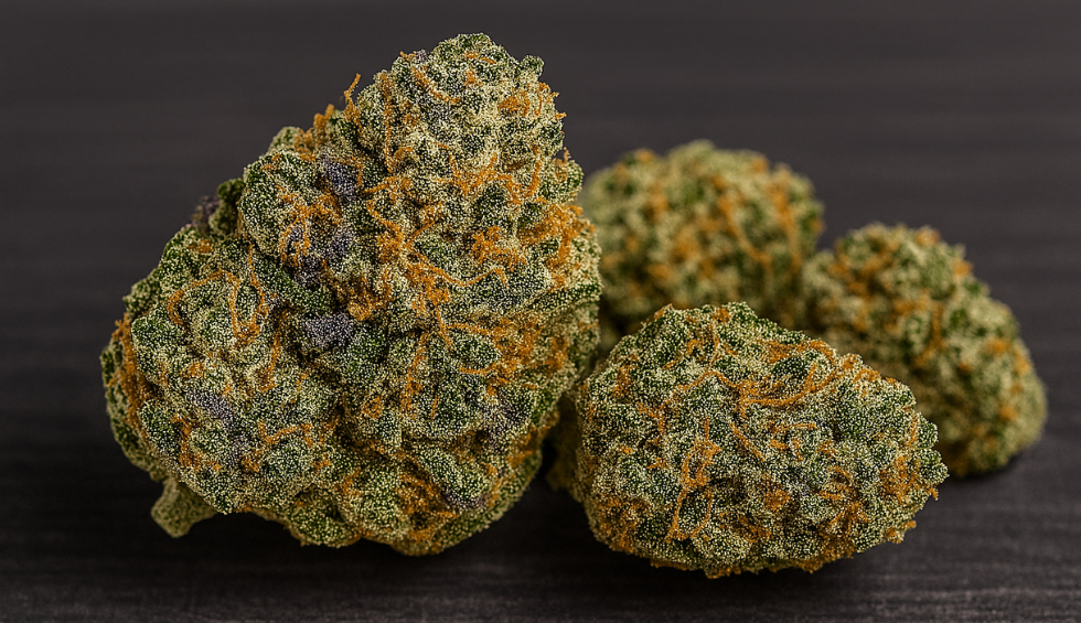 Close-up of frosty, orange-haired cannabis buds showcasing the dense and colorful appearance of the Wedding Cake strain
