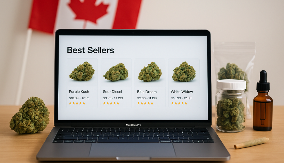 Laptop showing top cannabis strains at a best Canadian online dispensary with buds, jars, and a flag in the background