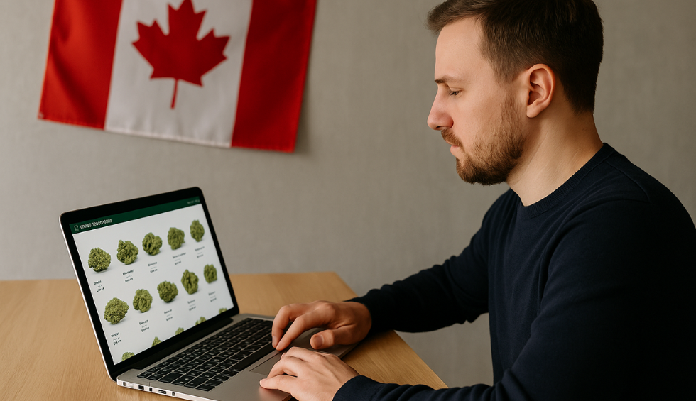 Man browsing cannabis strains on a laptop, concluding a search for the best Canadian online dispensary