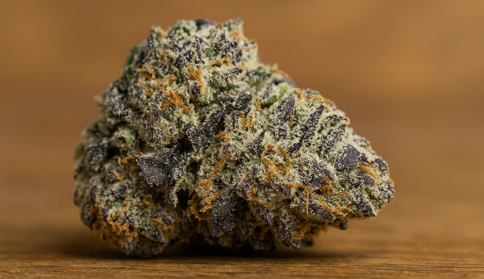 Black Diamond cannabis bud featuring dark purple hues, frosty trichomes, and orange pistils on a wooden background