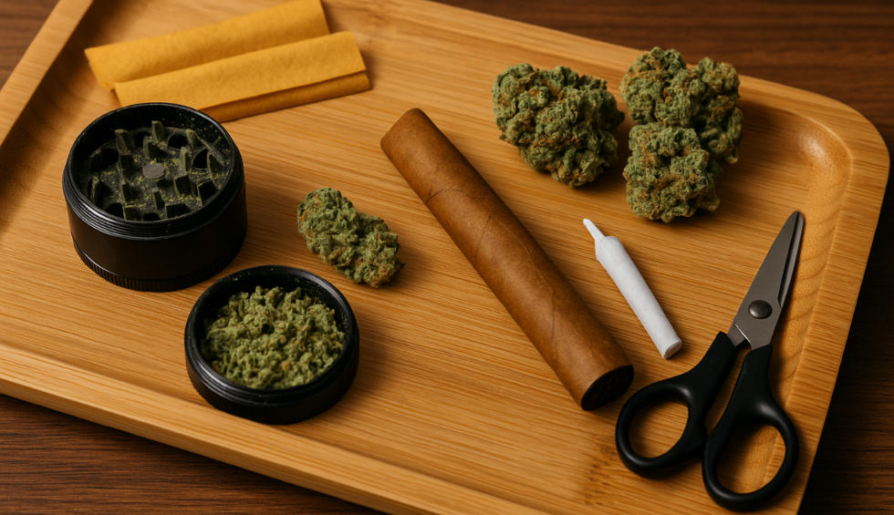 Blunt rolling accessories on a wooden tray including grinder, scissors, wraps, cannabis buds, and a finished blunt