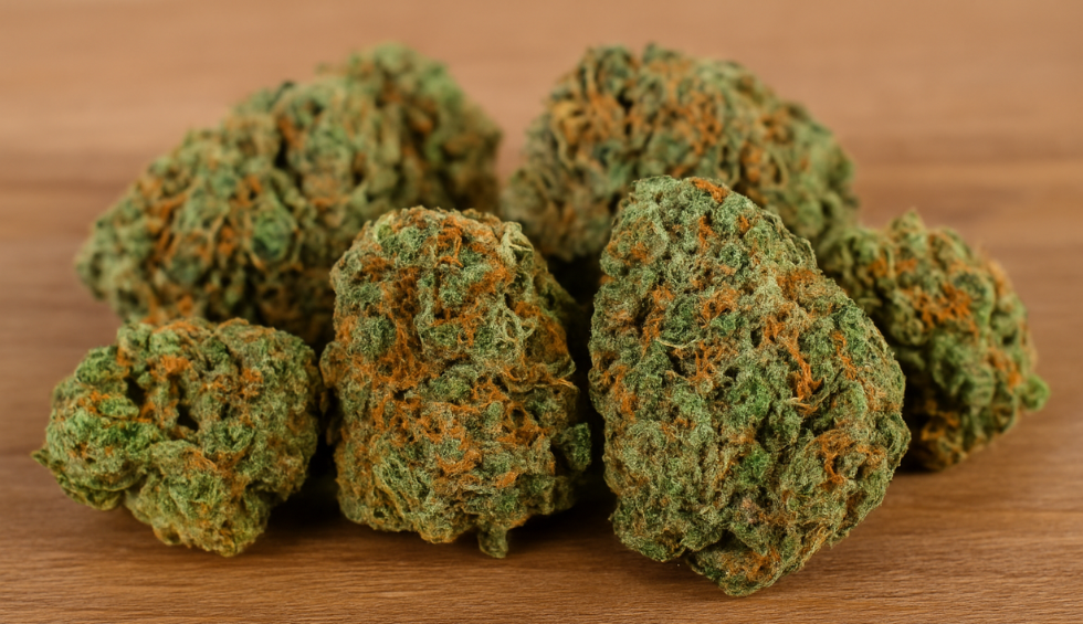 Close-up of cannabis buds on wood surface, illustrating easy steps for beginners learning how to roll a blunt