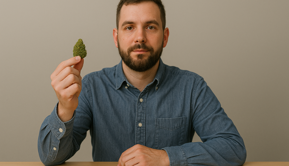 Man holding a cannabis bud, symbolizing the importance of breeder reputation when selecting high-quality weed strains