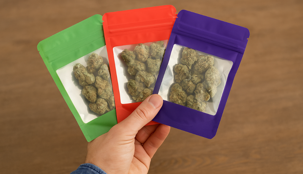 Hand holding three colorful weed packs filled with cannabis buds, labeled for purchase in a dispensary or online store