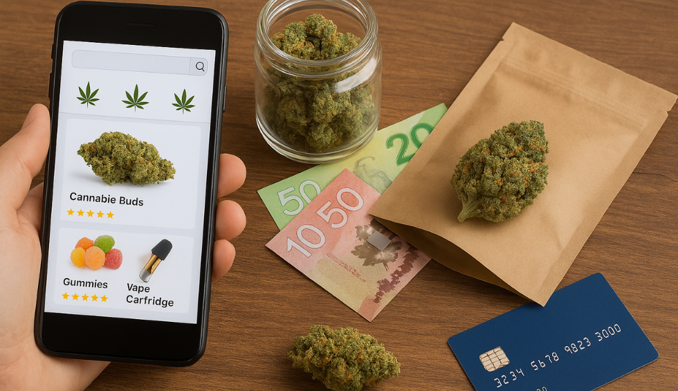 Person browsing cannabis products on phone with weed, cash, and credit card nearby, showing responsible cannabis buying in Canada