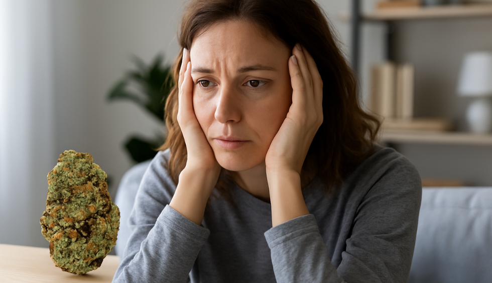 Worried woman holding her head next to a large cannabis bud, reflecting weed withdrawal symptoms and emotional stress