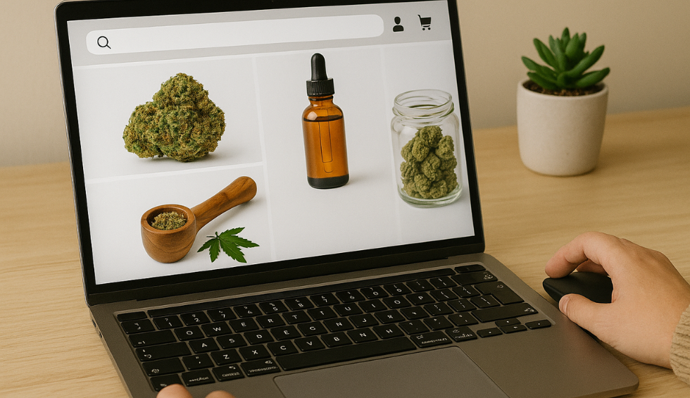 Person browsing canna online store on laptop displaying weed, extracts, and cannabis products for 24/7 shopping