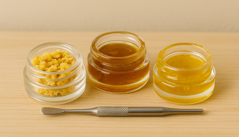 Various cannabis concentrates in glass jars with dab tool, showcasing potent extract options from canna online shops