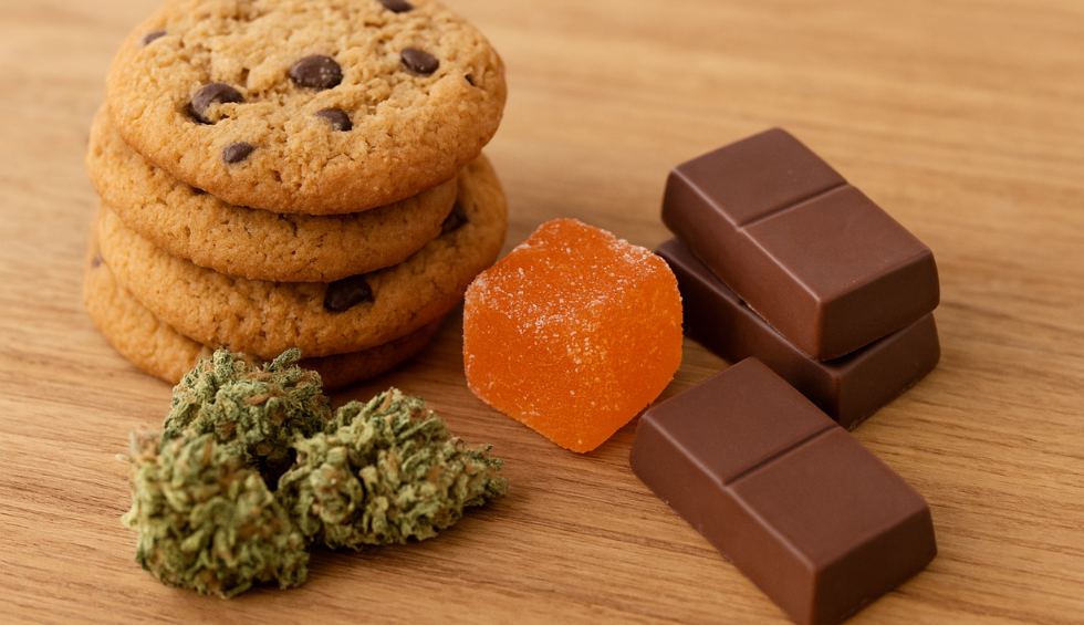 Cannabis edibles including cookies, chocolates, and gummy with weed buds, available from an online dispensary in Vancouver