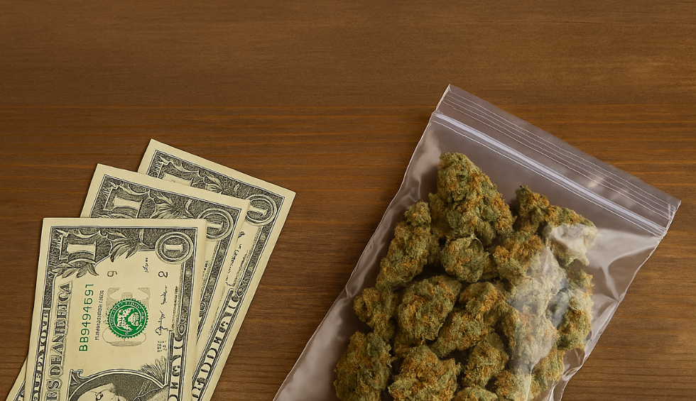 Plastic bag of cannabis next to three dollar bills on a wooden table, representing cheap online weed that's high quality