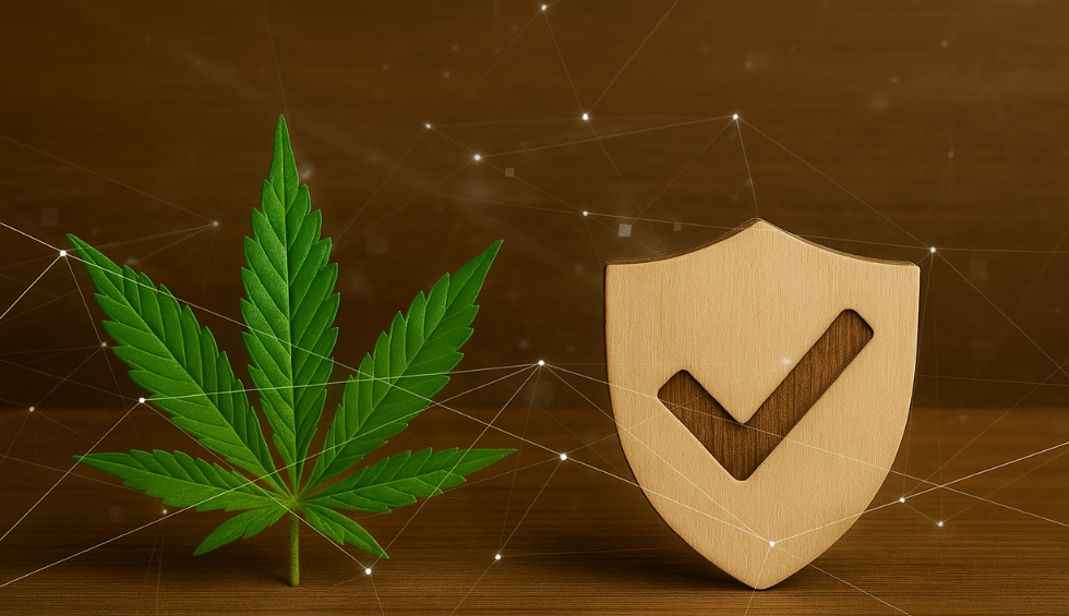 Cannabis leaf and wooden shield with checkmark symbolizing a trustworthy online dispensary for cheap online weed