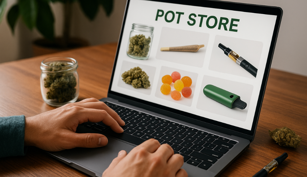 Browsing a pot store online for weed, edibles, and vape products while shopping on a laptop from home in Canada