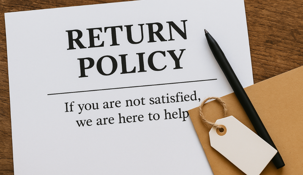 Return policy document with pen and tag, emphasizing the importance of clear support policies when buying canna online