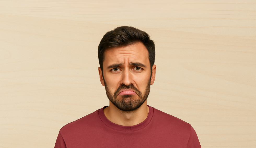 Frustrated man with a sad expression wearing a maroon shirt, symbolizing common mistakes when learning how to roll a blunt