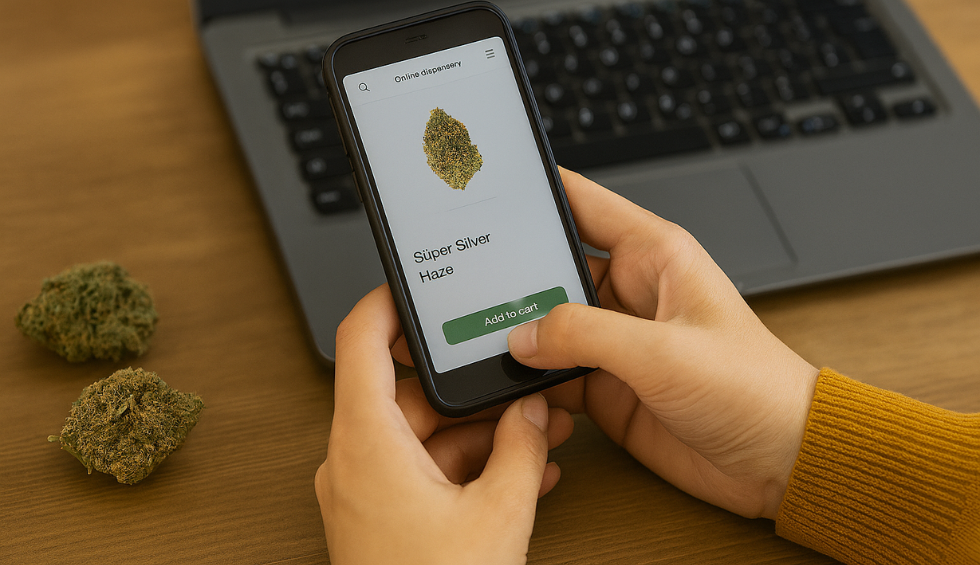 Person browsing Super Silver Haze on phone near laptop and cannabis buds, highlighting weed online shopping pitfalls