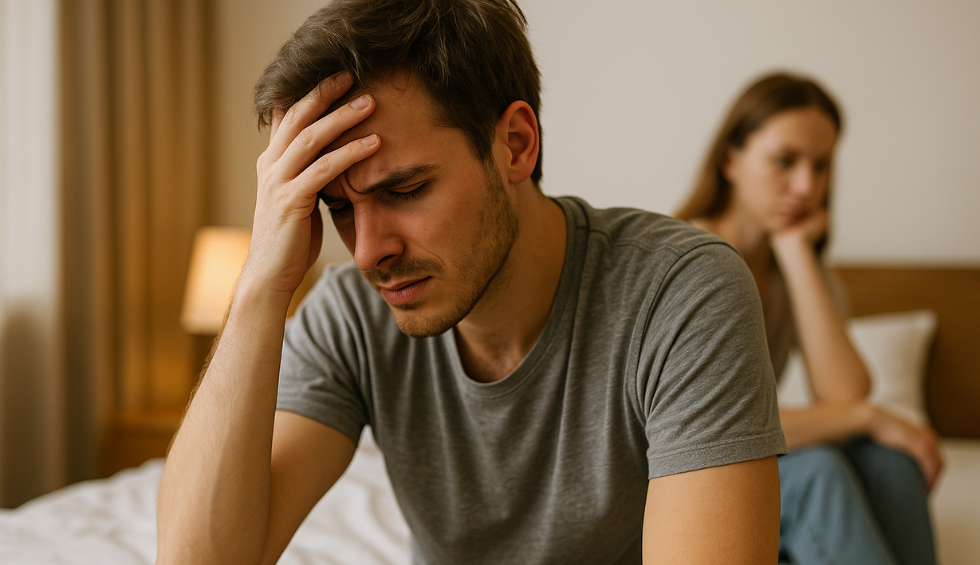 Distressed man holding head with woman in background, illustrating weed withdrawal symptoms and emotional strain