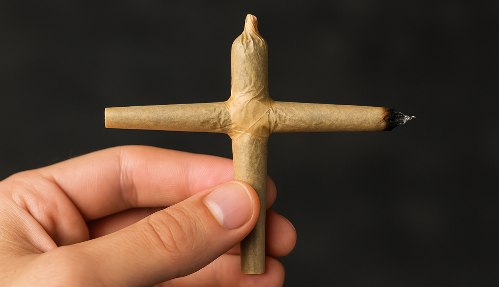 Hand holding a lit cross joint against a dark background, demonstrating an advanced method on how to roll a joint