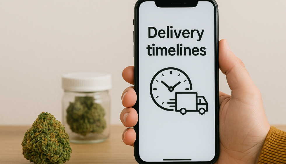 Hand holding phone showing delivery timelines for the best Canadian online dispensary, with weed jar and bud nearby