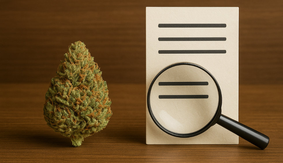 Cannabis bud next to a document and magnifying glass, representing detailed product descriptions for cheap online weed