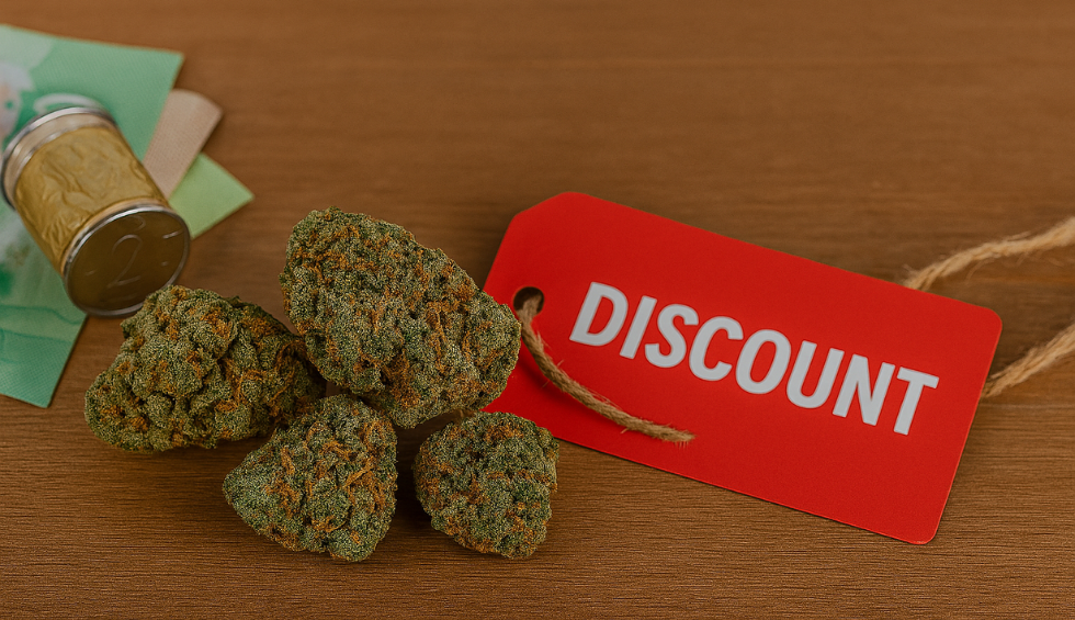 Cannabis buds beside a red discount tag, representing affordable deals from a Canadian discount dispensary