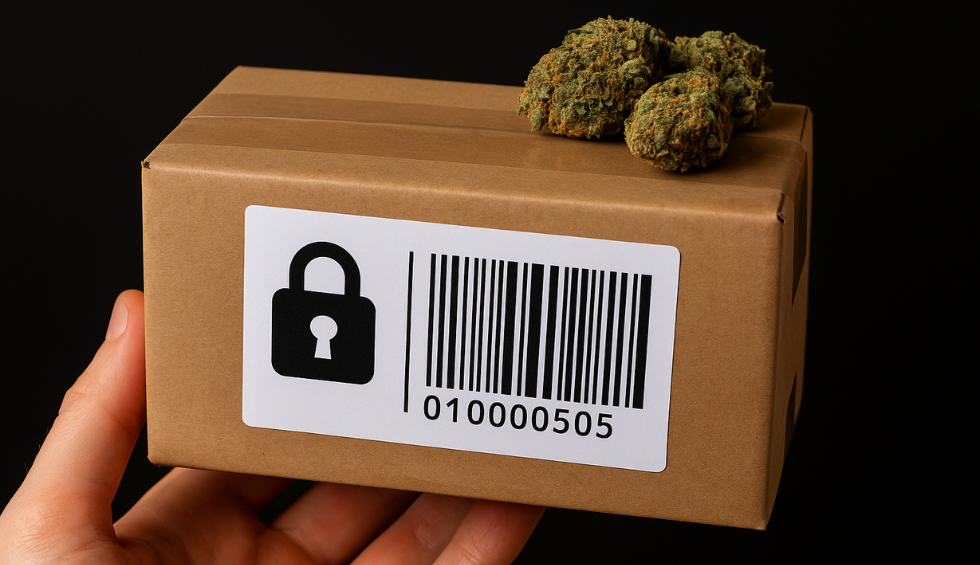A hand holding a sealed box with cannabis buds on top and a barcode label, symbolizing discreet, secure shipping from a discount dispensary
