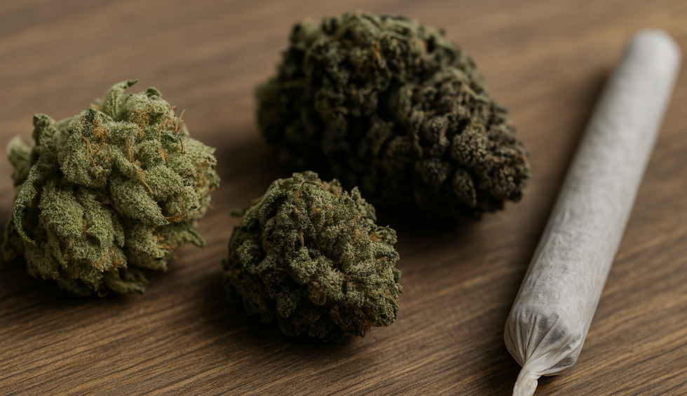 Cannabis buds and a rolled joint on a wooden surface, suggesting the potential impact of different weed strains on withdrawal symptoms