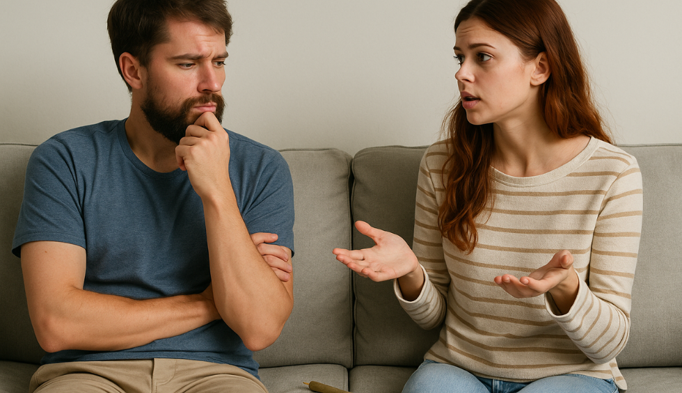 Concerned couple discussing cannabis use on a couch, representing the decision to quit or take a tolerance break