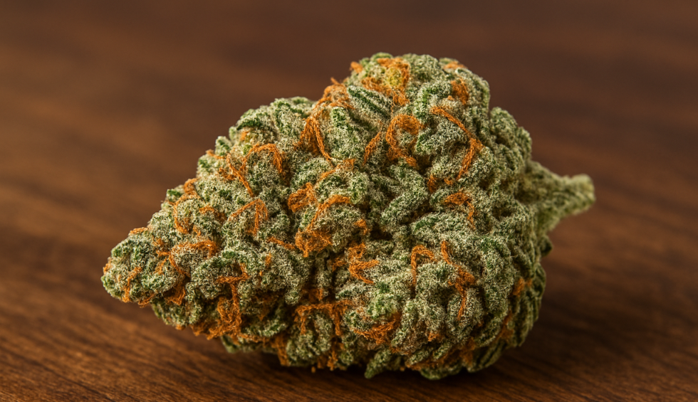 Close-up of Alien OG strain, a dense cannabis bud known for its earthy aroma and strong hybrid effects