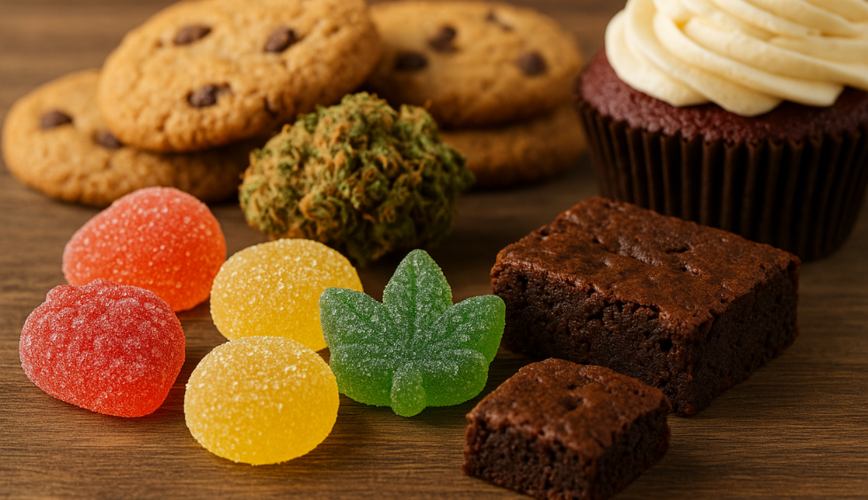 Assorted cannabis edibles including gummies, brownies, cookies, and a cupcake from the best Canadian online dispensary