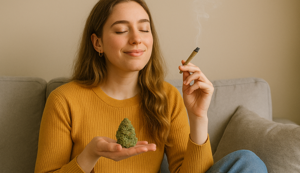 Smiling woman smoking joint and holding cannabis bud, enjoying the uplifting effects of the right weed strains