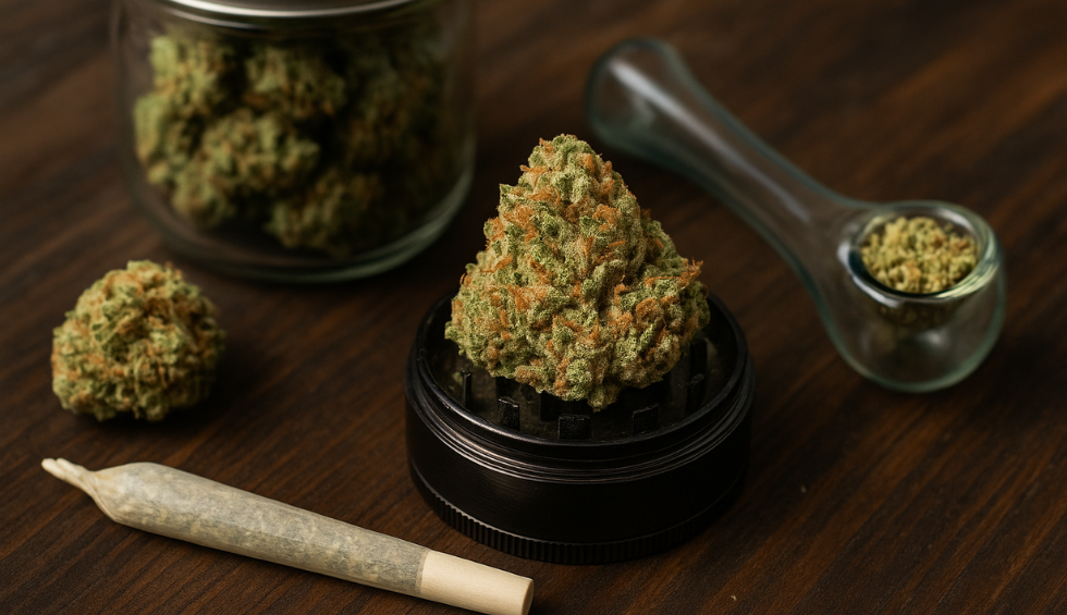 Wedding Cake strain cannabis bud with joint, pipe, and grinder, representing premium weed from Dispensary Near Me Now