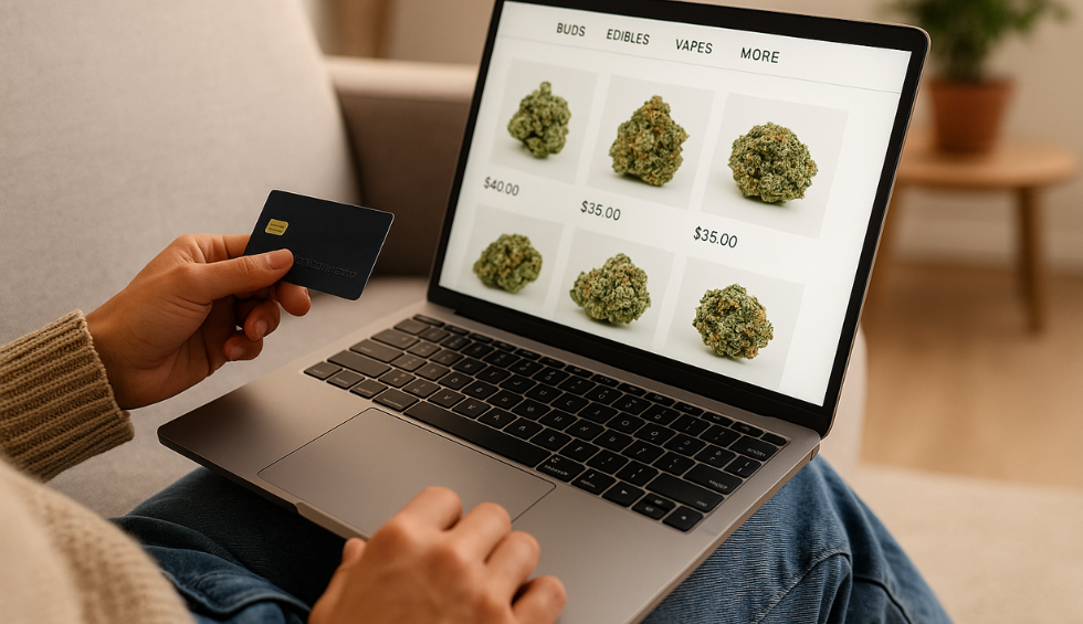 Person shopping for cannabis online in Canada using a credit card, browsing different weed strains with listed prices