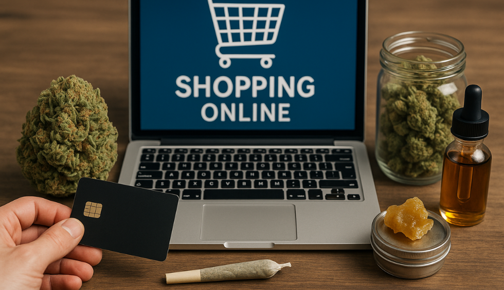 Laptop with shopping online screen, cannabis products, and credit card, highlighting key factors for buying canna online