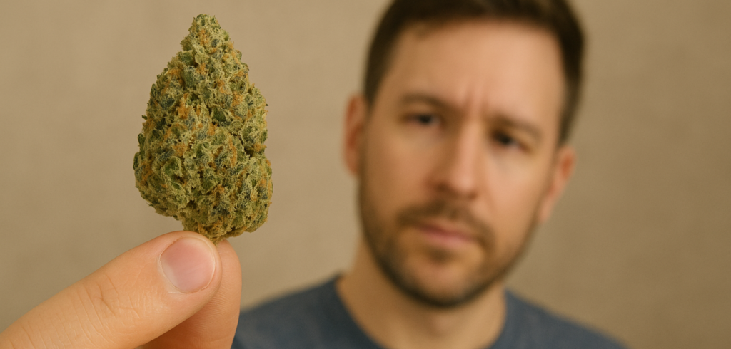 Man closely examining a cannabis bud for quality traits like density, color, and visible trichomes