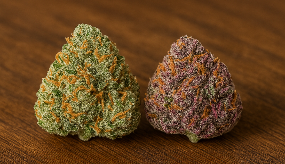 Close-up of Forbidden Guava and Pink Rozay, two colorful strains of weed known for their fruity aroma and vibrant trichomes