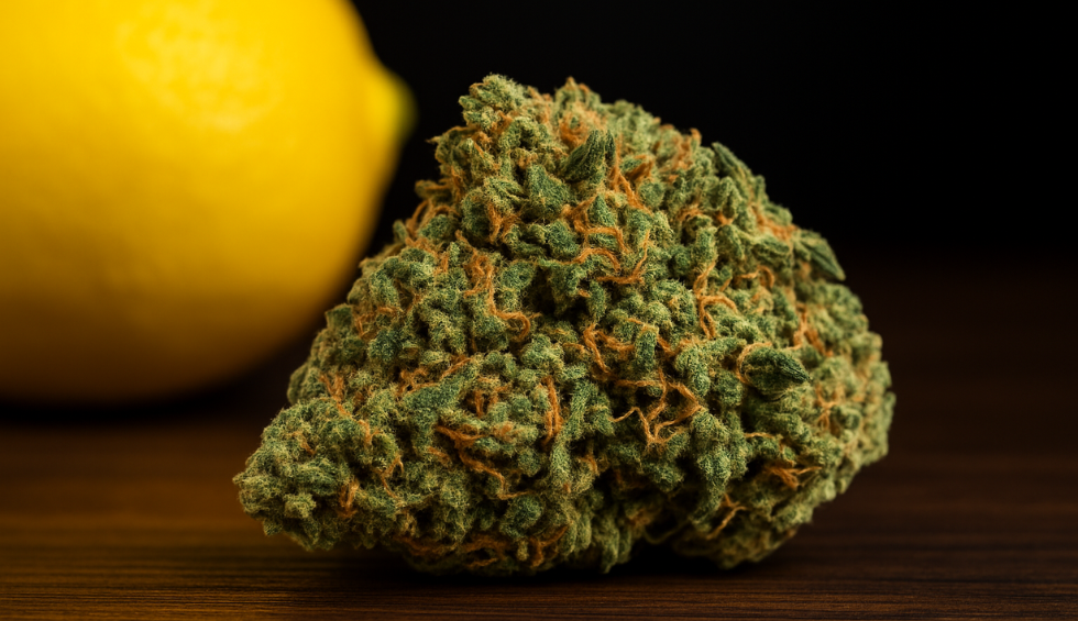 Close-up of Sour Diesel, a pungent and citrusy strain of weed known for its energizing effects and diesel-like aroma