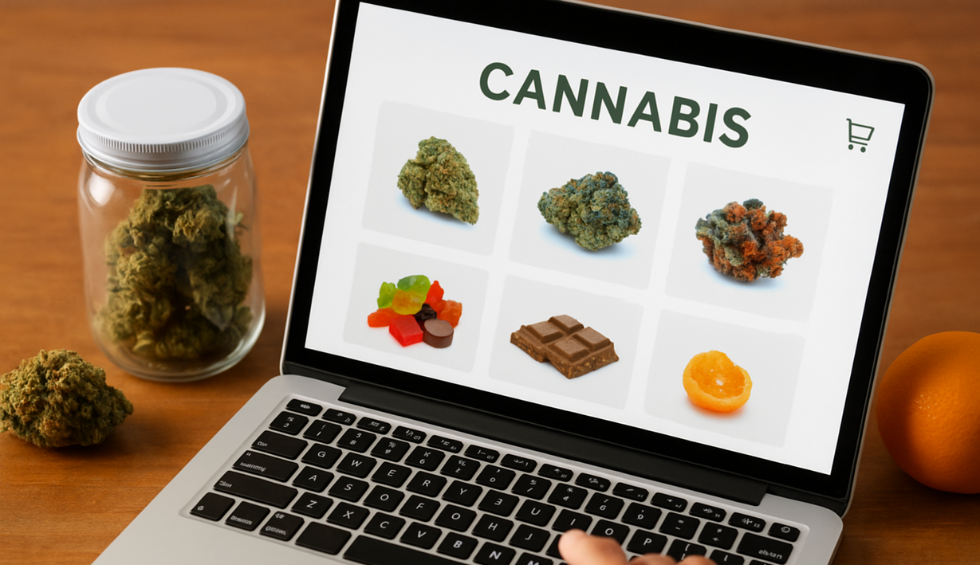 Laptop screen showing online cannabis store with buds and edibles, symbolizing hidden gem products available in Canada