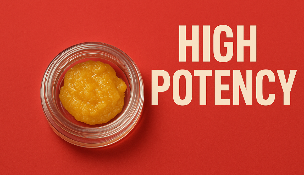Small glass jar filled with golden rosin on red background, with bold text "High Potency" highlighting its strong concentration
