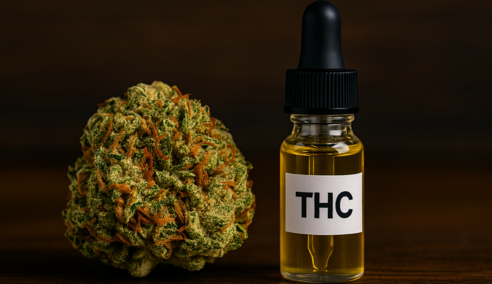Pineapple Express strain bud next to a THC oil dropper bottle, representing potency and THC content of the strain