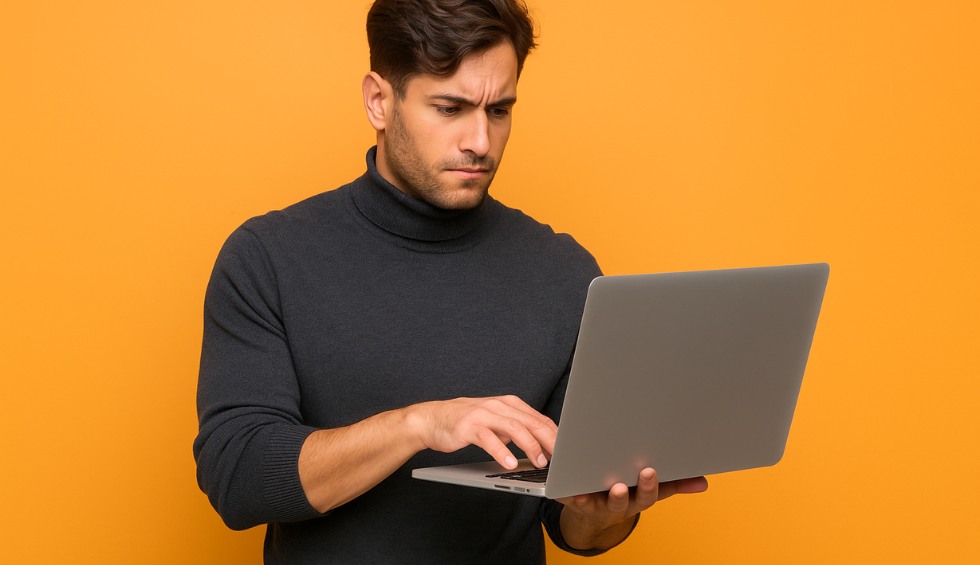 Focused man using laptop against orange background, representing a step-by-step process to order online pot from BC